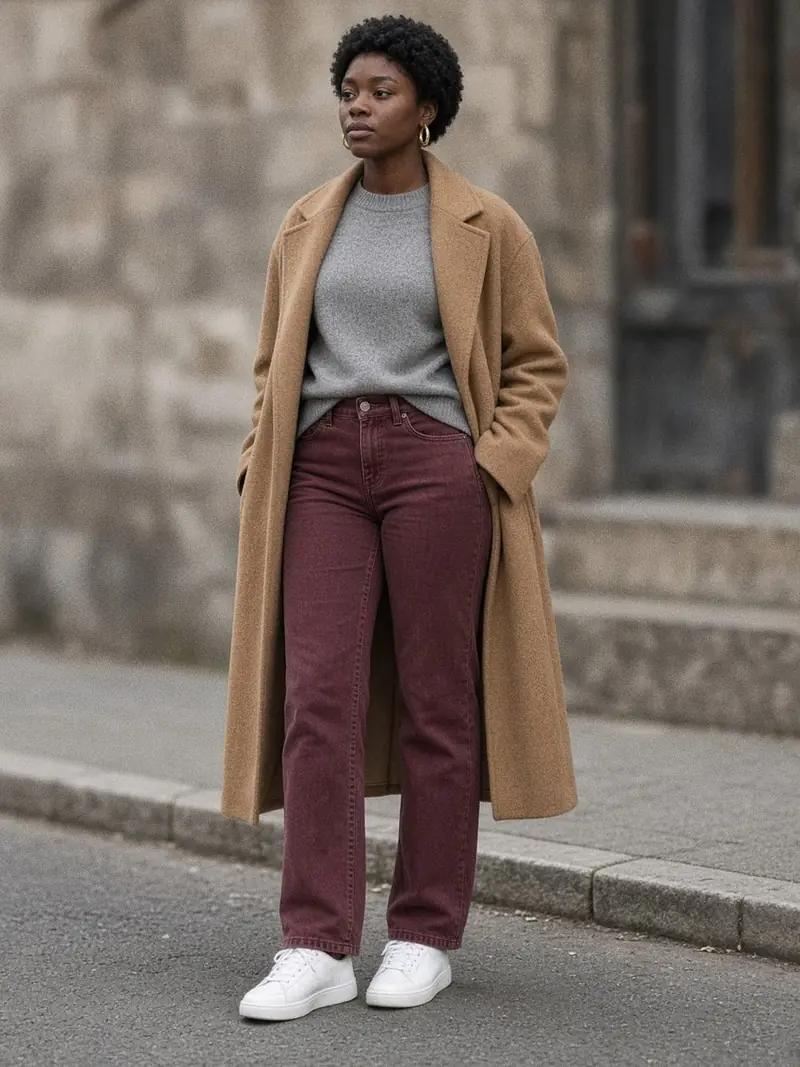 Illustration, mannequin fictif : Femme en jean bordeaux droit taille haute, pull en cachemire gris, baskets blanches et long manteau camel ouvert.