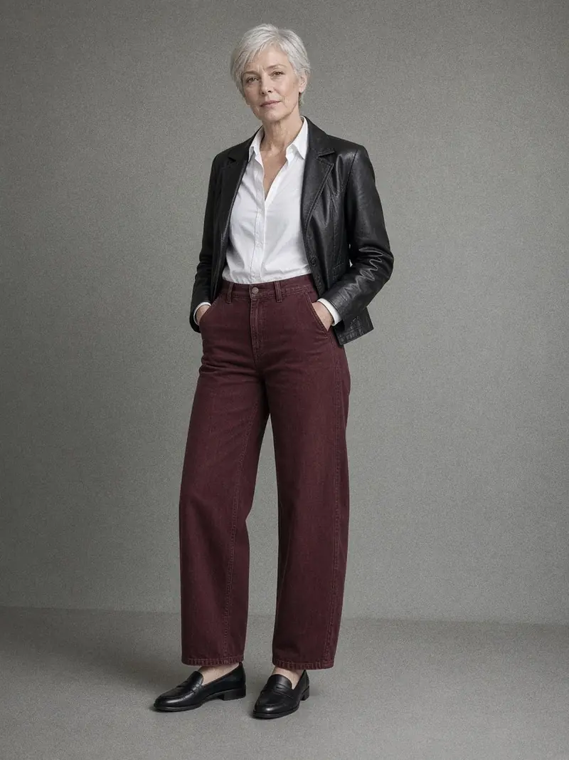 Illustration, mannequin fictif : Femme en jean bordeaux coupe barrel, chemise blanche rentrée, veste courte en cuir noir et mocassins noirs.