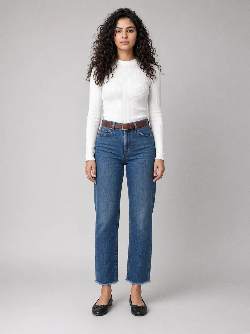 Illustration, mannequin fictif : Femme debout de face en jean droit bleu moyen taille haute, coupé à la cheville avec un ourlet effiloché court, haut blanc côtelé rentré et ballerines noires.