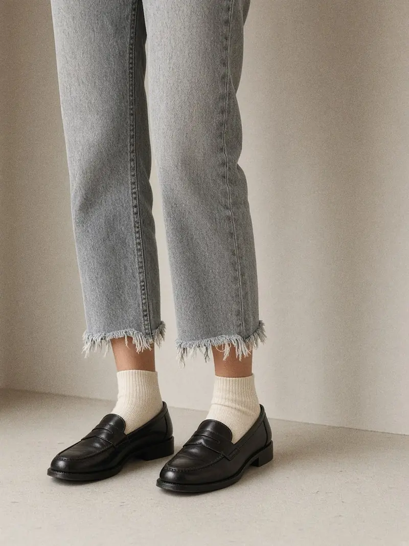 Illustration, mannequin fictif : Gros plan sur le bas d'un jean gris délavé à l'ourlet effiloché, une chaussette écrue côtelée visible et des mocassins en cuir noir.