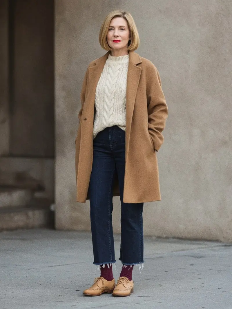 Illustration, mannequin fictif : Femme en jean brut foncé effiloché, pull torsadé écru rentré devant, veste courte camel, chaussettes bordeaux et derbies en cuir fauve.