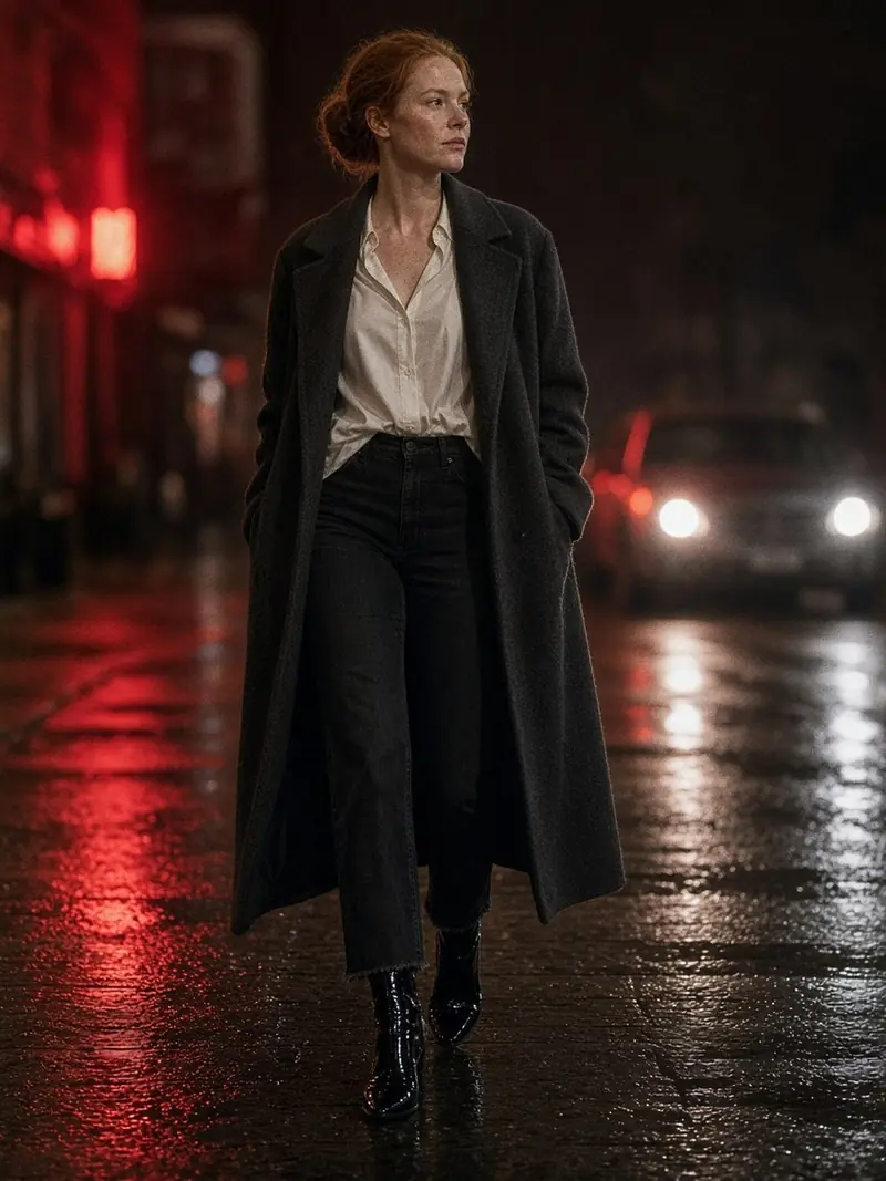 Illustration, mannequin fictif : Femme le soir en jean noir effiloché, chemise ivoire fluide rentrée, long manteau anthracite ouvert et bottines vernies noires à petit talon.