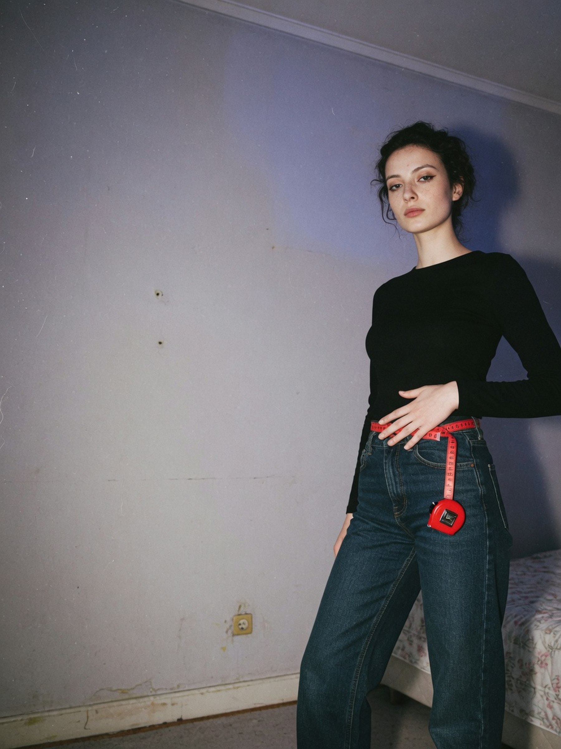 Jean droit taille haute en denim foncé, vu de face, la ceinture positionnée à la taille naturelle