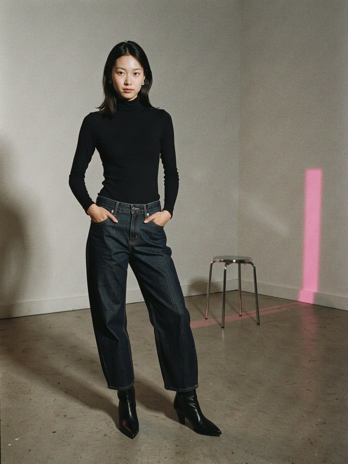 Mannequin en jean barrel taille basse lavage foncé, haut ajusté et bottes pointues, flash direct