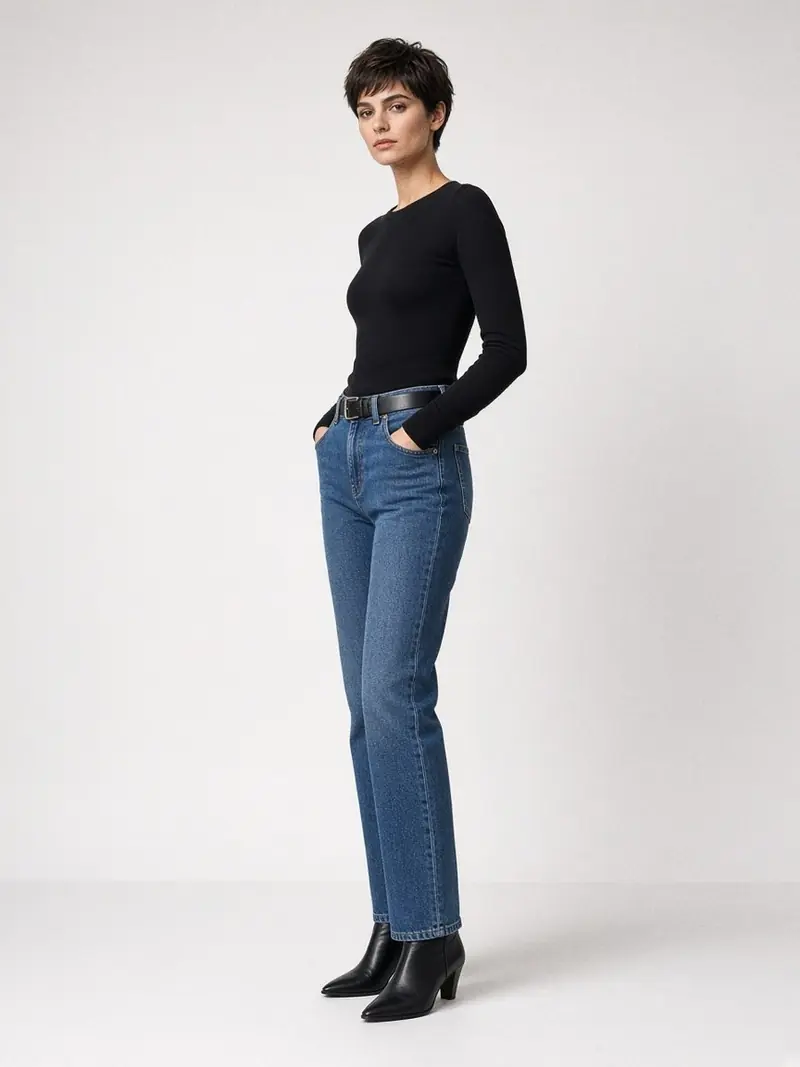 Femme debout de trois quarts en jean bleu moyen taille haute coupe droite, haut noir près du corps rentré dans la ceinture, fine ceinture noire et bottines noires à bout pointu.