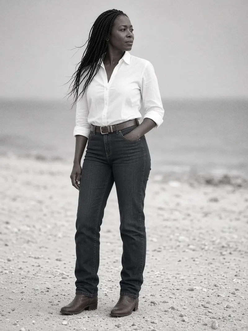 Femme vue de profil en jean indigo foncé taille haute, chemise blanche rentrée, Femme vue de profil en jean indigo foncé taille haute, chemise blanche rentrée, ceinture camel et bottines marron, couture latérale bien verticale.