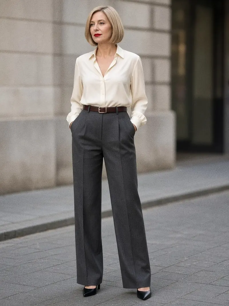 Femme debout en pantalon à pinces gris anthracite taille haute à jambe droite, b Femme debout en pantalon à pinces gris anthracite taille haute à jambe droite, blouse écrue rentrée, ceinture fine marron et escarpins noirs.