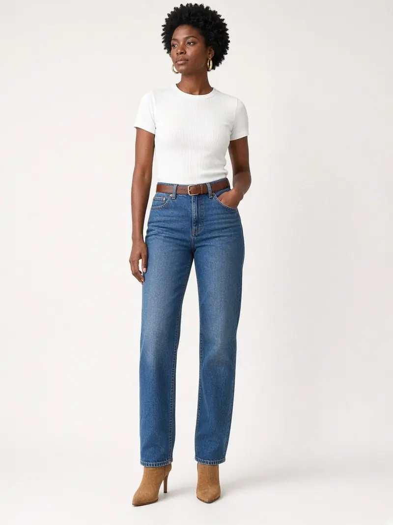 Illustration, mannequin fictif : Jeune femme de face en jean bleu taille haute coupe droite, t-shirt blanc rentré et ceinture fine en cuir marron.