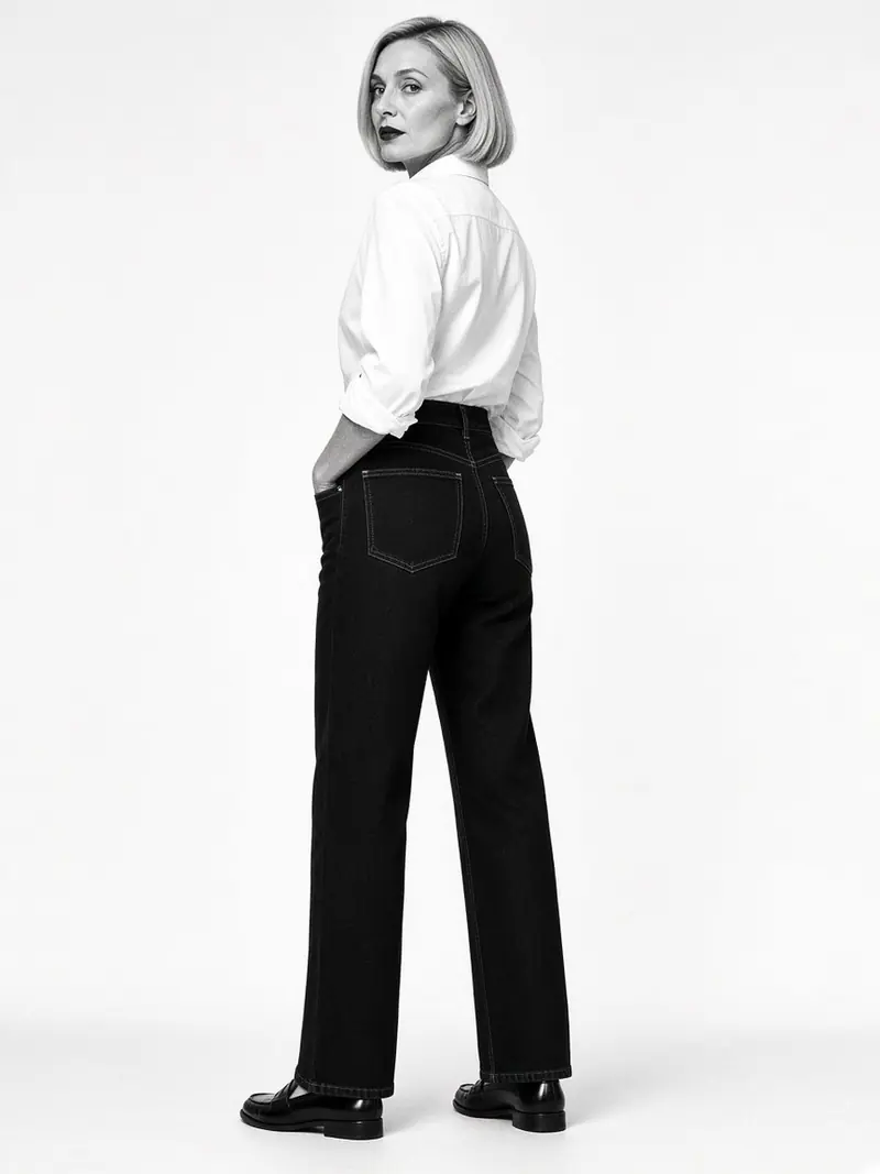Illustration, mannequin fictif : Vue de dos en trois quarts d'une femme en jean noir taille haute et chemise blanche rentrée, découpe de l'empiècement visible sous la ceinture.