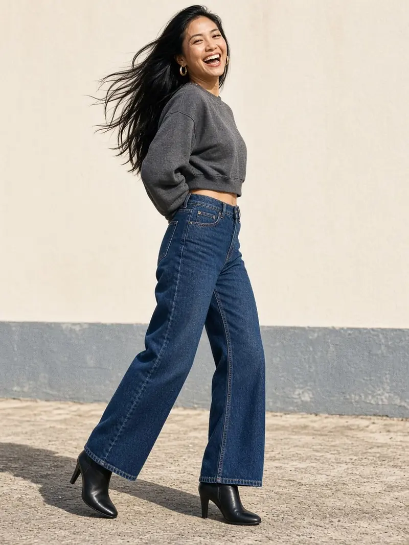 Illustration, mannequin fictif : Femme en marche portant un jean wide-leg indigo taille haute, un sweat court gris anthracite et des bottines noires à talon.