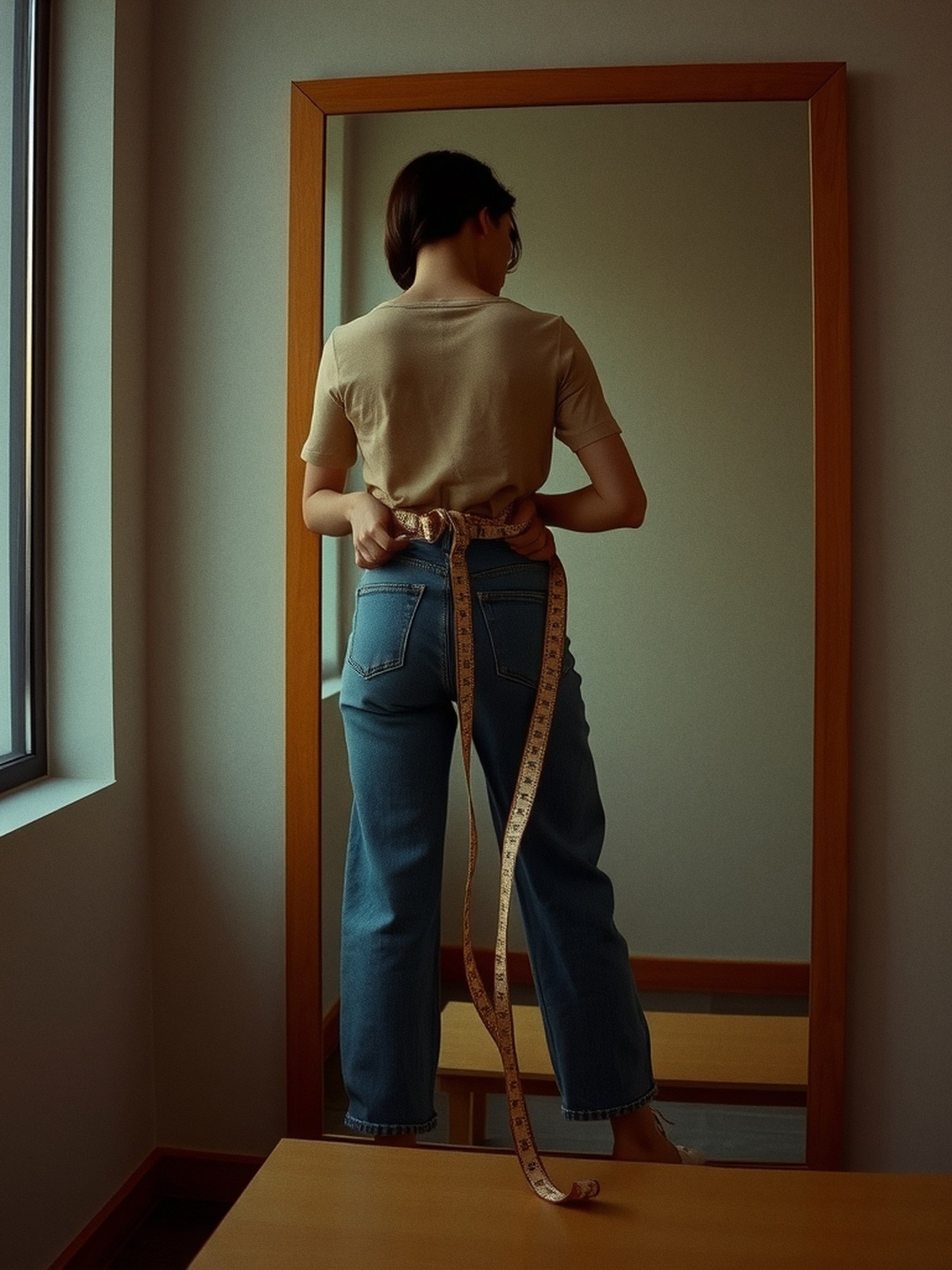 Mannequin de face en cabine d'essayage vérifiant la taille d'un jean droit taille haute, lumière de flash, décor sobre