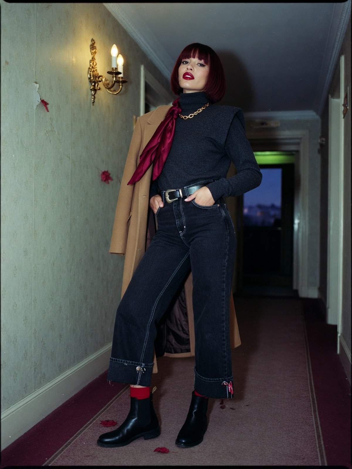 Mannequin en jean flare bohème porté avec des bottes pointues, photo de mode dans un couloir d'hôtel