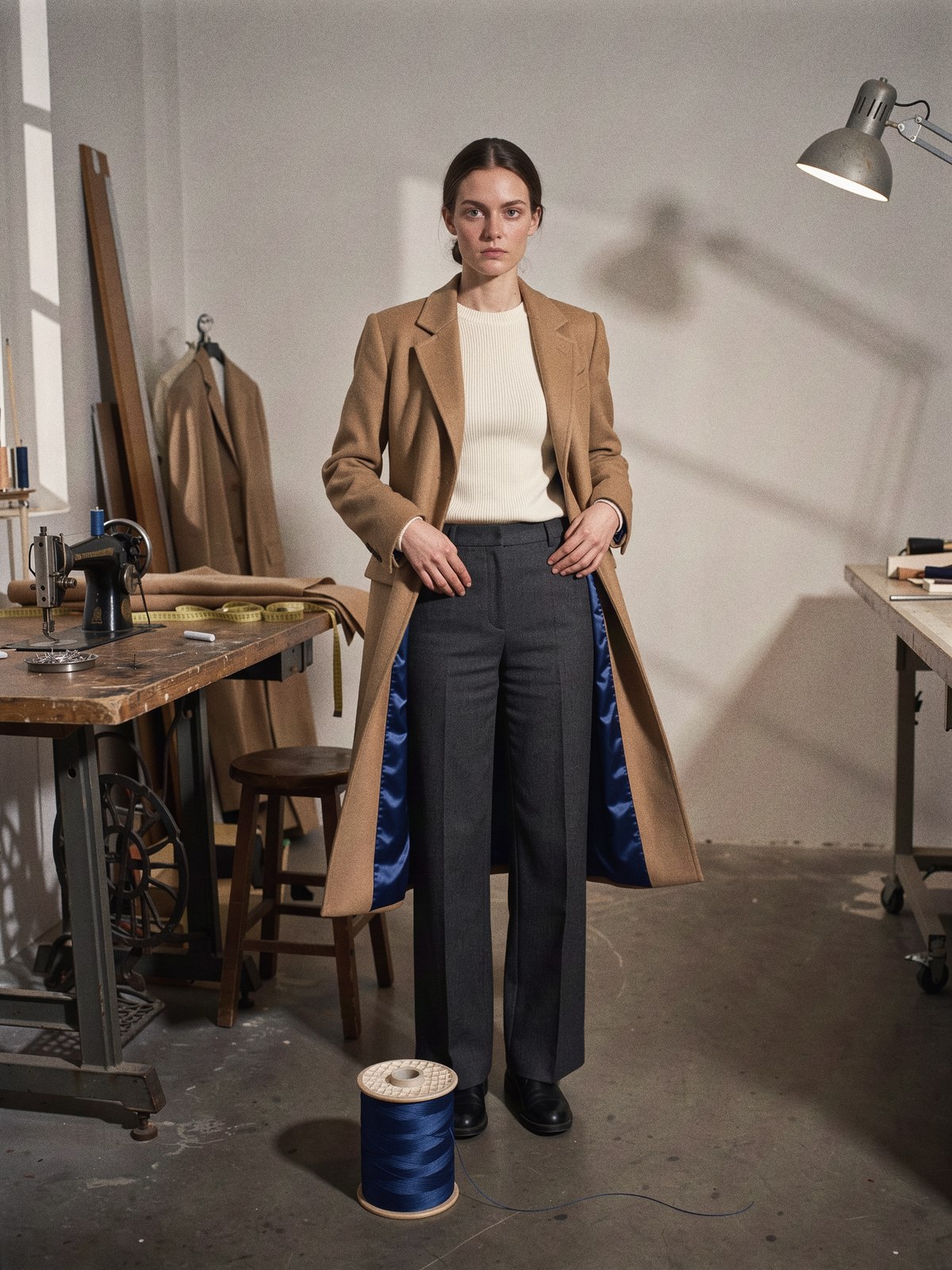 Mannequin ouvrant un manteau en laine camel dont la doublure bleu cobalt vient d'être remplacée, dans un atelier de retouche