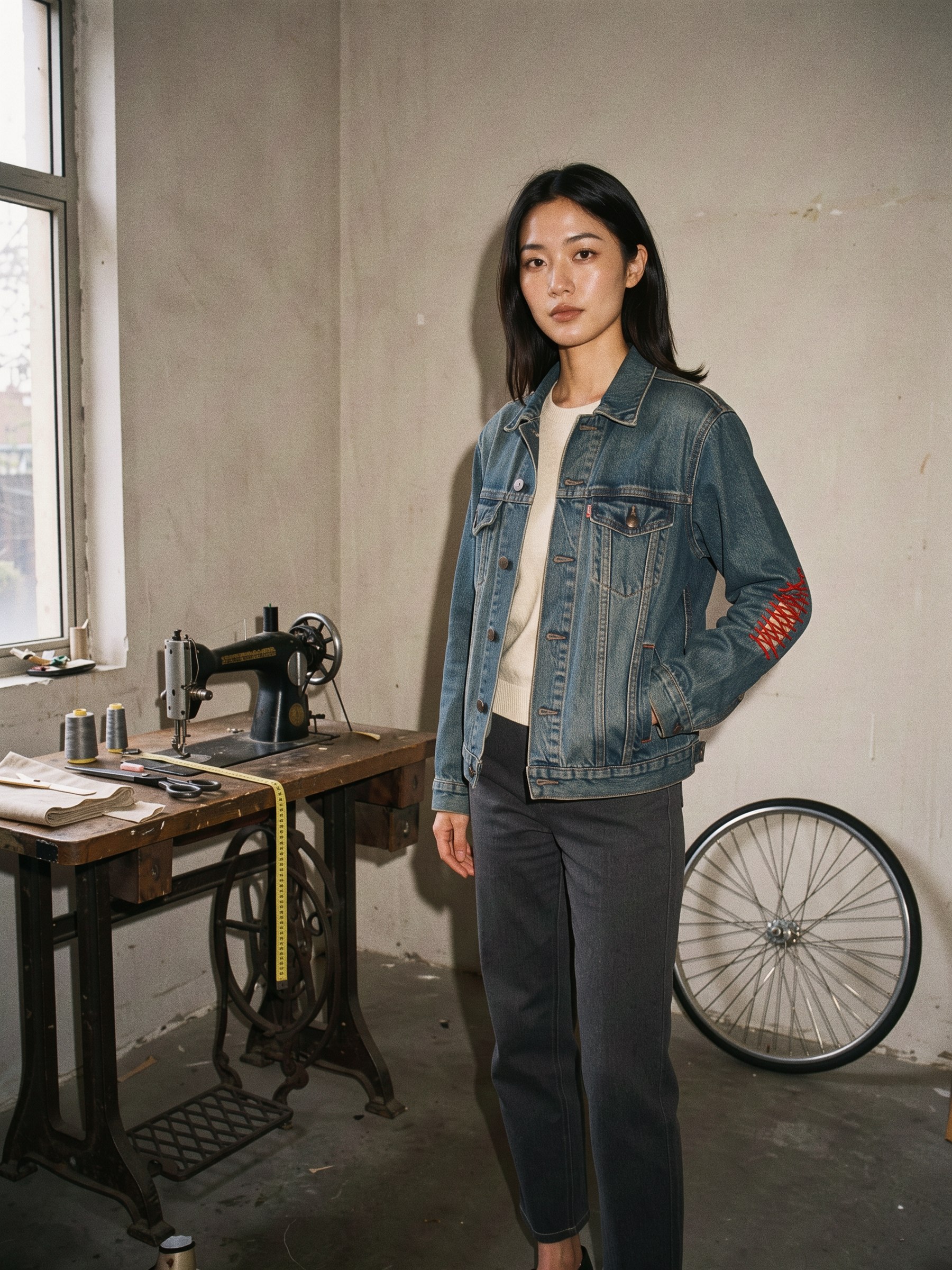 Mannequin dans un atelier de retouche, veste en jean portant une reprise visible au fil rouge, près d'une machine à coudre