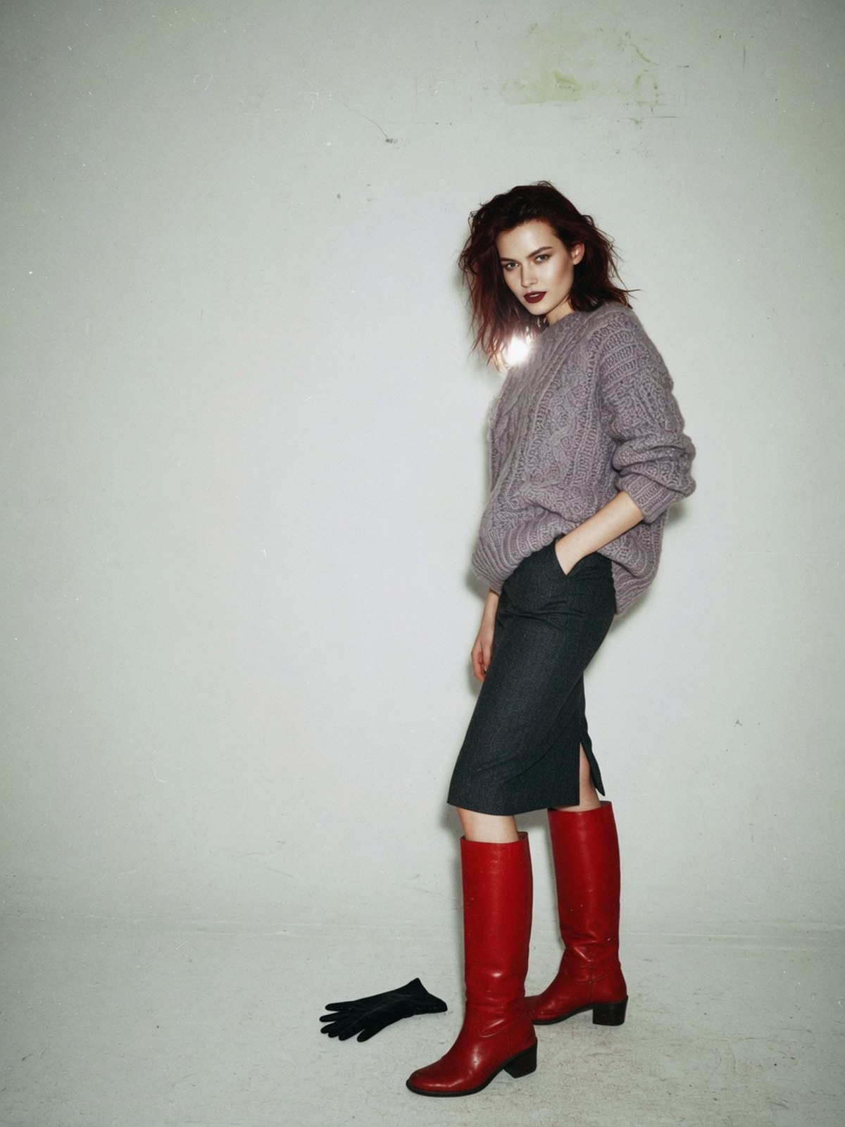 Mannequin en jupe crayon associée à une maille oversize et des bottes hautes, look décontracté