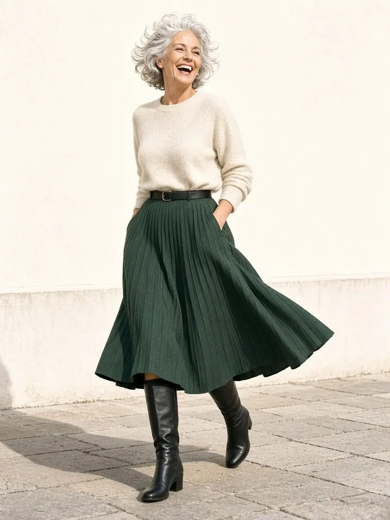 Illustration, mannequin fictif : Femme en marche portant une jupe plissée midi en cuir vert foncé, pull crème fin et bottes plates noires, les plis en mouvement.