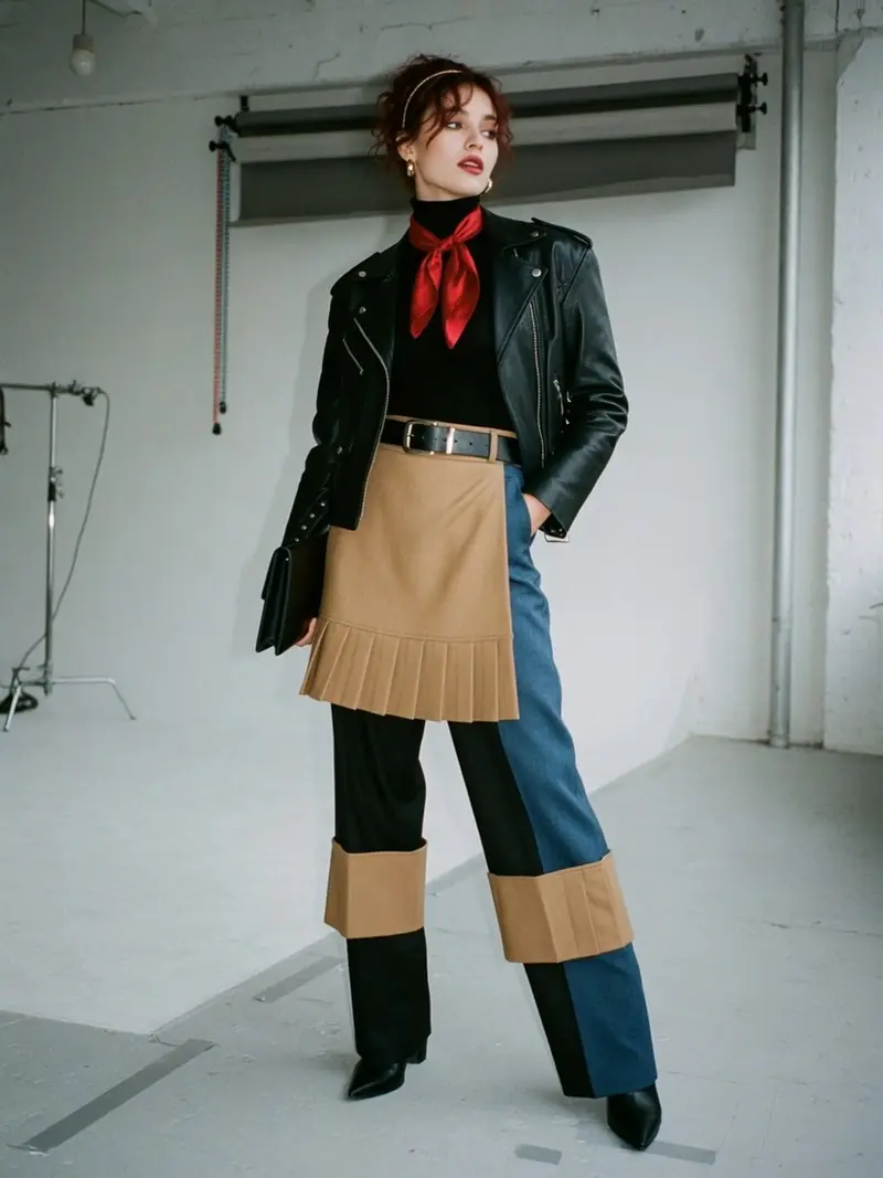 La jupe sur pantalon revient à la Fashion Week, en version courte et portable : look 1