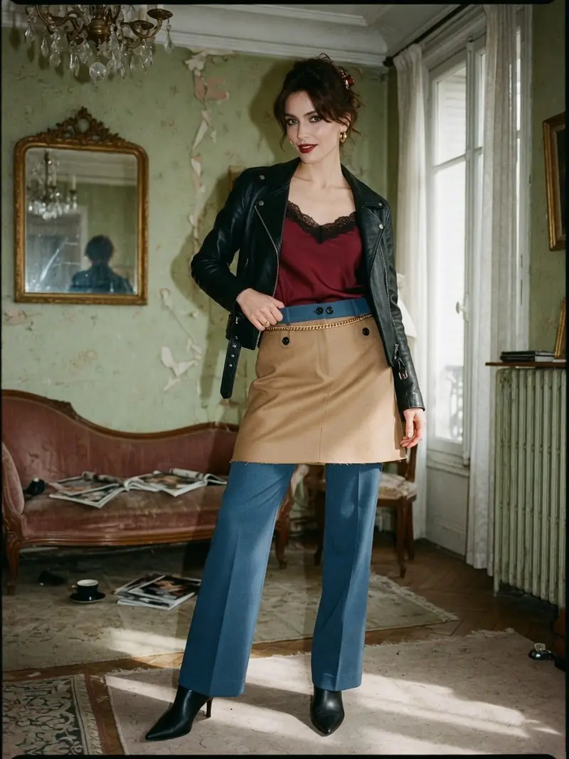 La jupe sur pantalon revient à la Fashion Week, en version courte et portable : look 10