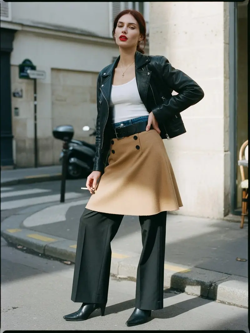 La jupe sur pantalon revient à la Fashion Week, en version courte et portable : look 12