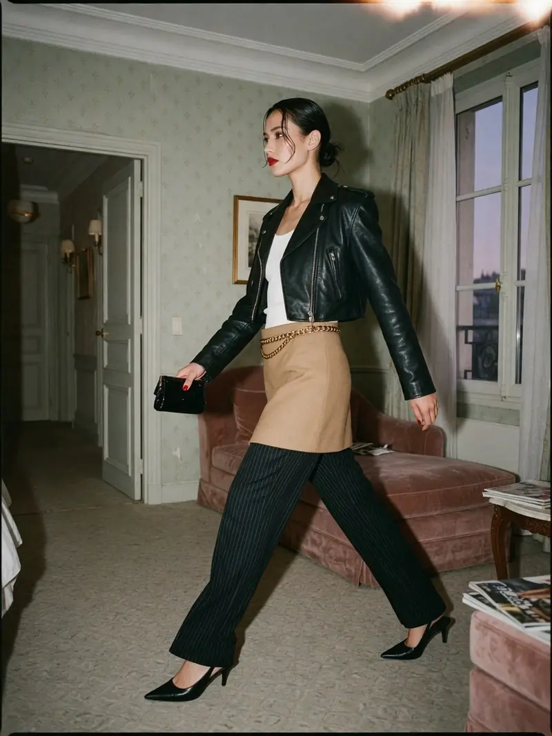 La jupe sur pantalon revient à la Fashion Week, en version courte et portable : look 14