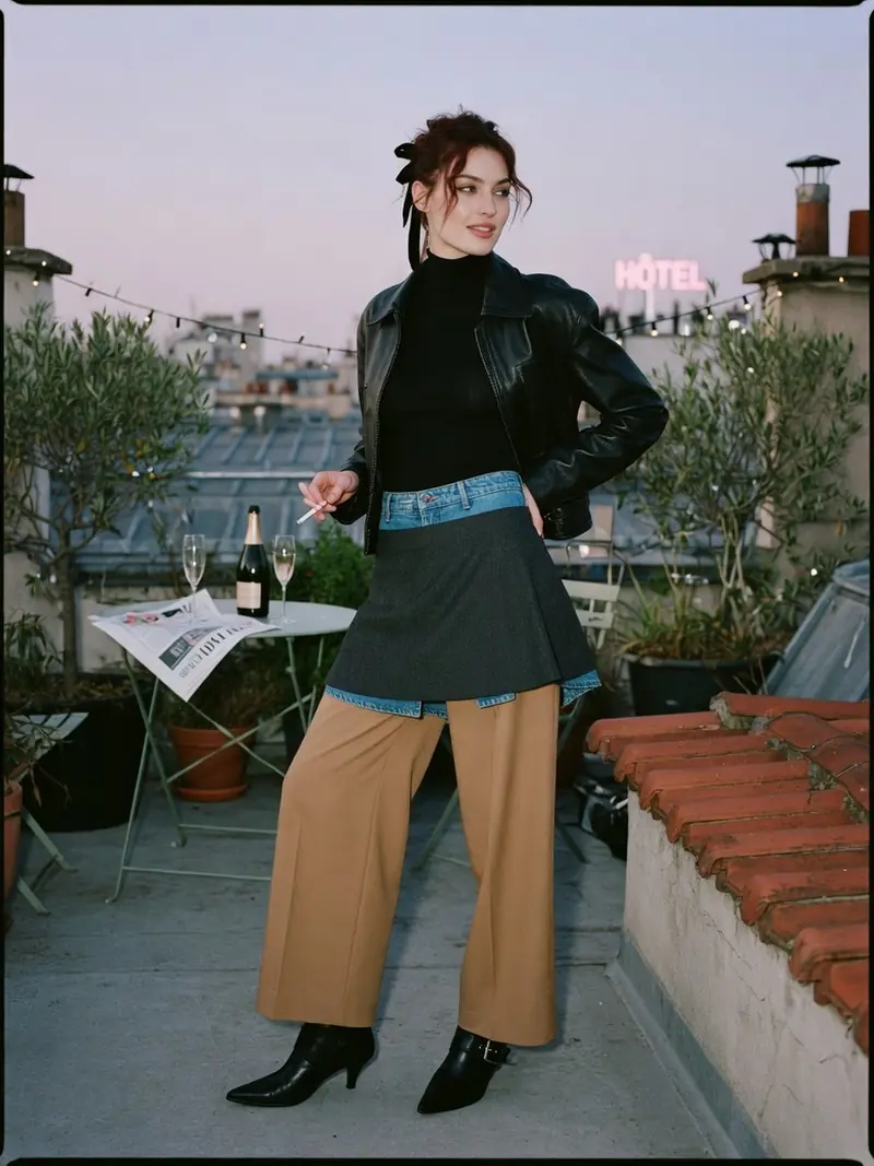 La jupe sur pantalon revient à la Fashion Week, en version courte et portable : look 16