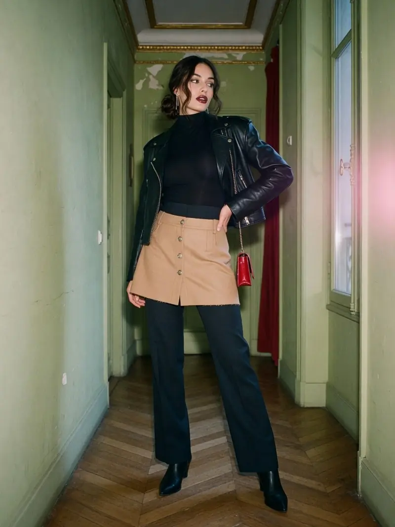 La jupe sur pantalon revient à la Fashion Week, en version courte et portable : look 17