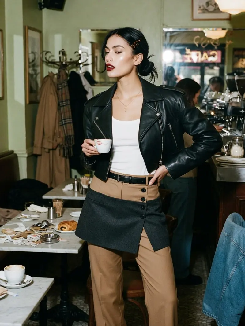 La jupe sur pantalon revient à la Fashion Week, en version courte et portable : look 18