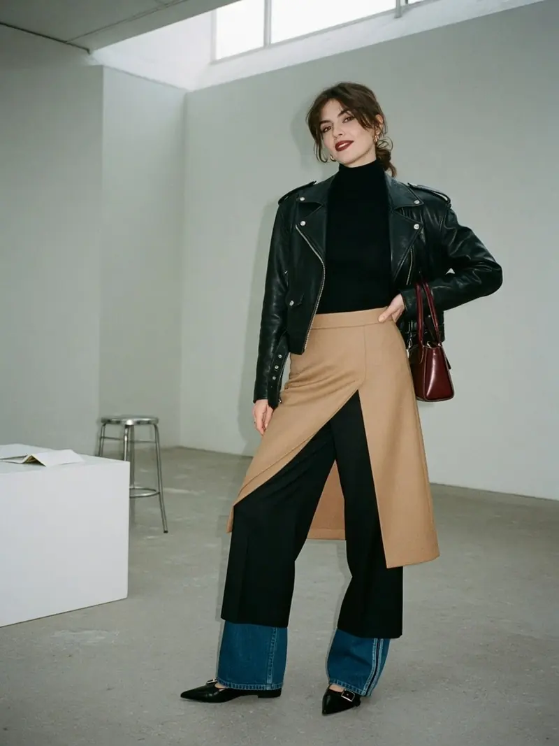 La jupe sur pantalon revient à la Fashion Week, en version courte et portable : look 20