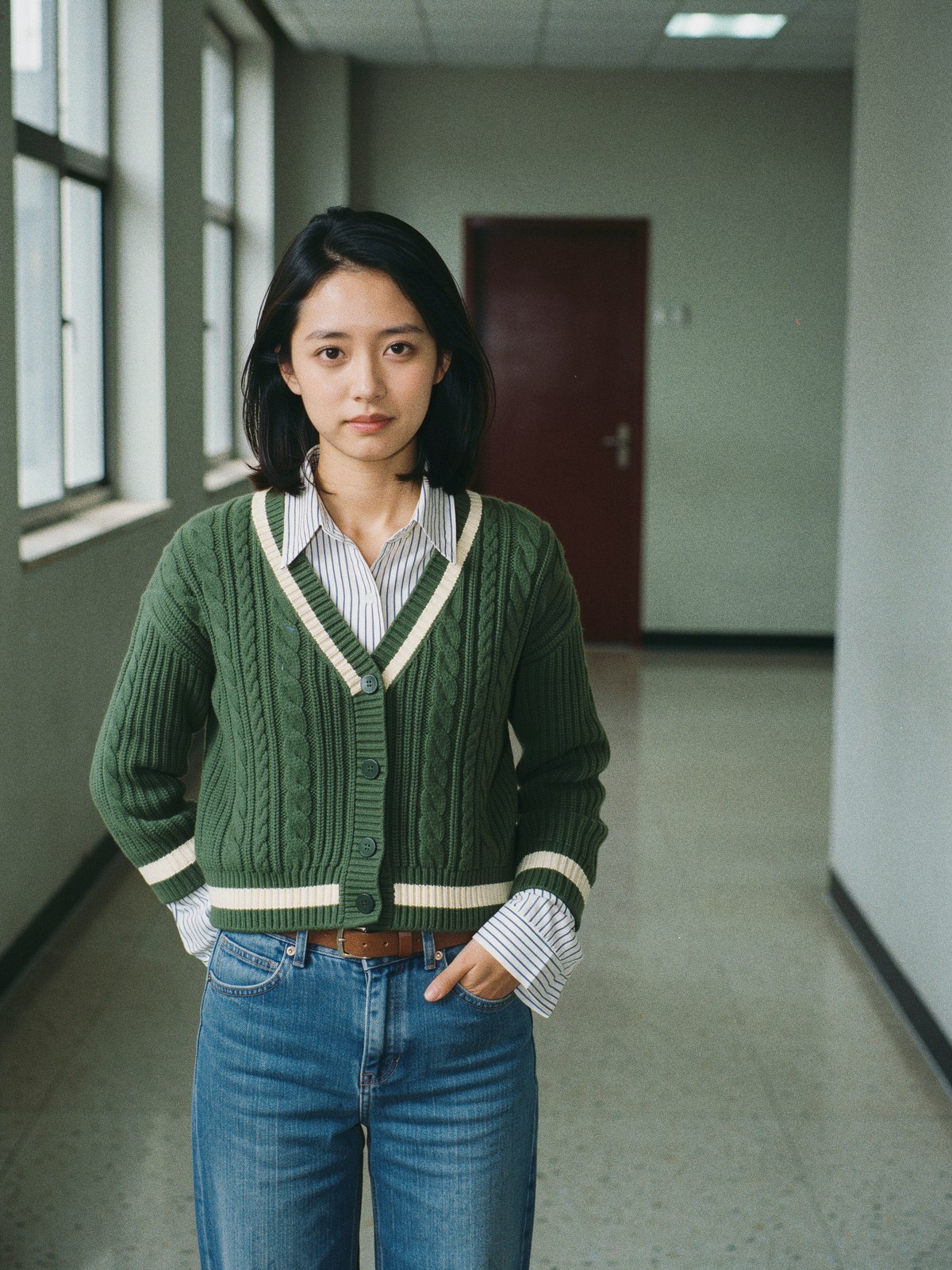 Chemise rayée en coton à manches volumineuses rentrée dans un jean droit délavé, portée dans un couloir d'université