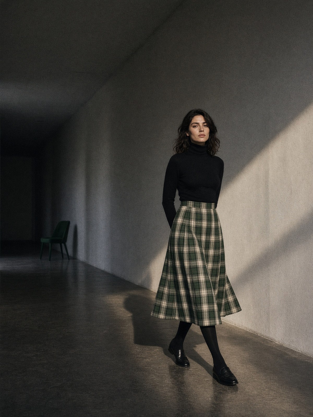 Jupe tartan plissée portée avec un fin col roulé noir, des collants opaques et des mocassins noirs