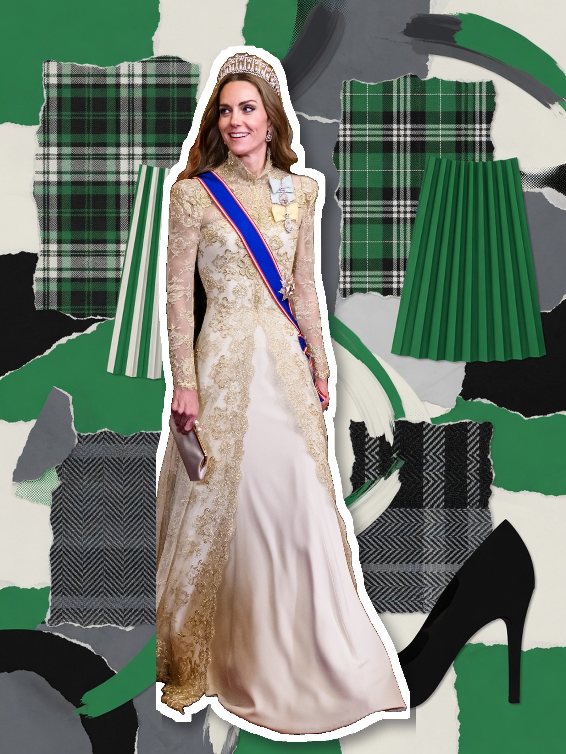 Jupe plissée à carreaux tartan vert, blanc et noir portée avec une blouse blanche et des escarpins noirs