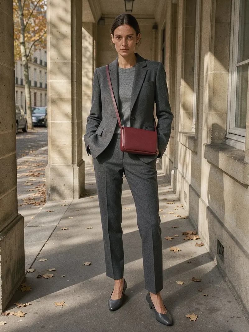 Illustration, mannequin fictif, look gris et sac bordeaux : la tenue complète