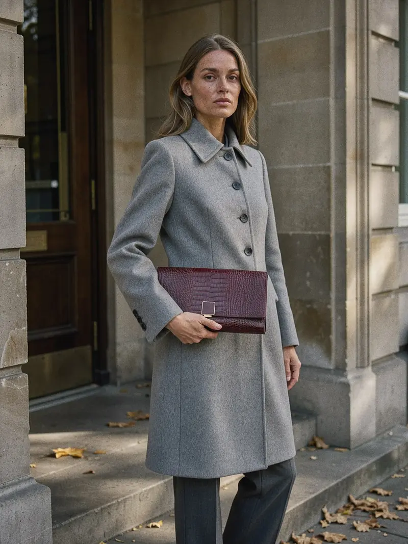 Illustration, mannequin fictif, look gris et sac bordeaux : le détail de la matière