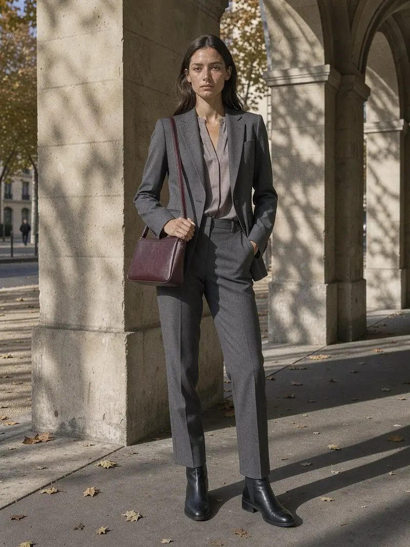 Illustration, mannequin fictif, look gris et sac bordeaux : une autre façon de la porter