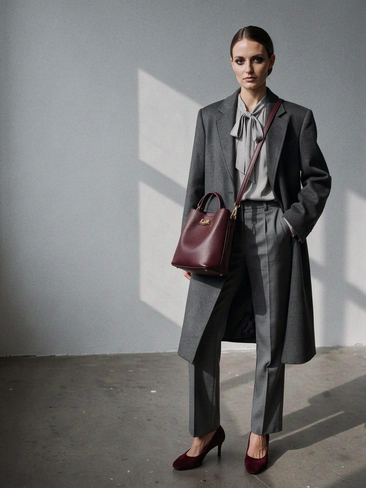 Mannequin en manteau long charbon avec sac cross-body bordeaux porté sur le manteau à hauteur de hanche et escarpins bordeaux en daim