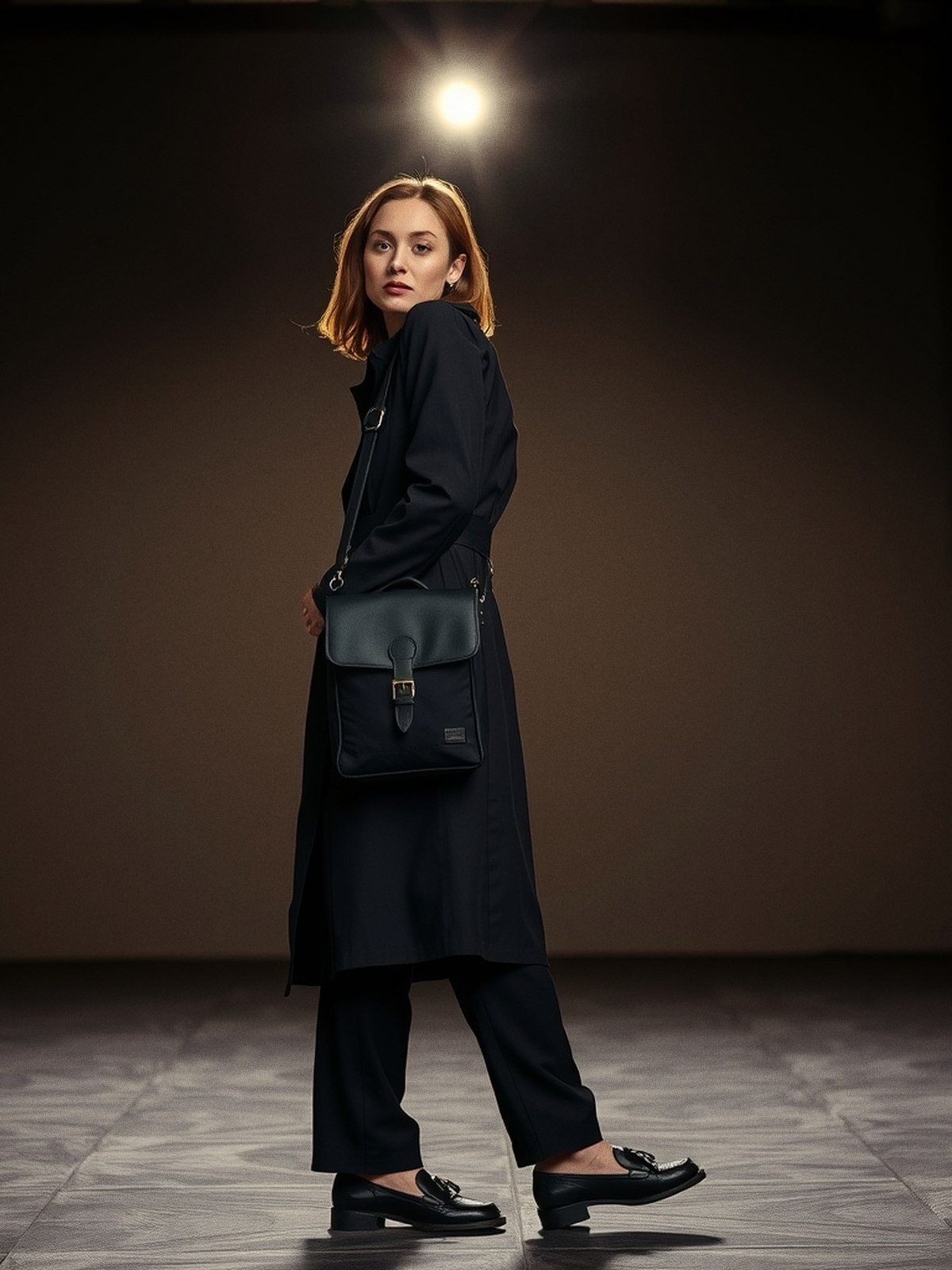 Femme en trench noir portant un sac à dos noir façon City Pack Kipling sur l'épaule, look tailleur