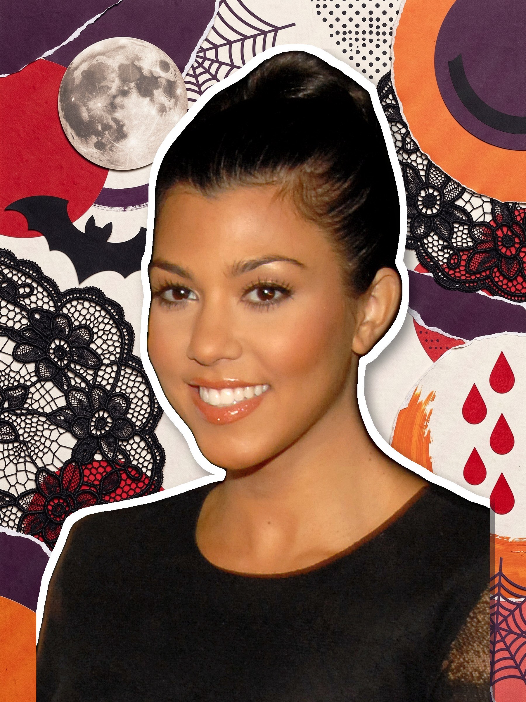 Kourtney Kardashian souriante, chignon haut et haut noir, photo détourée sur un collage de dentelle noire, chauves-souris et gouttes rouges