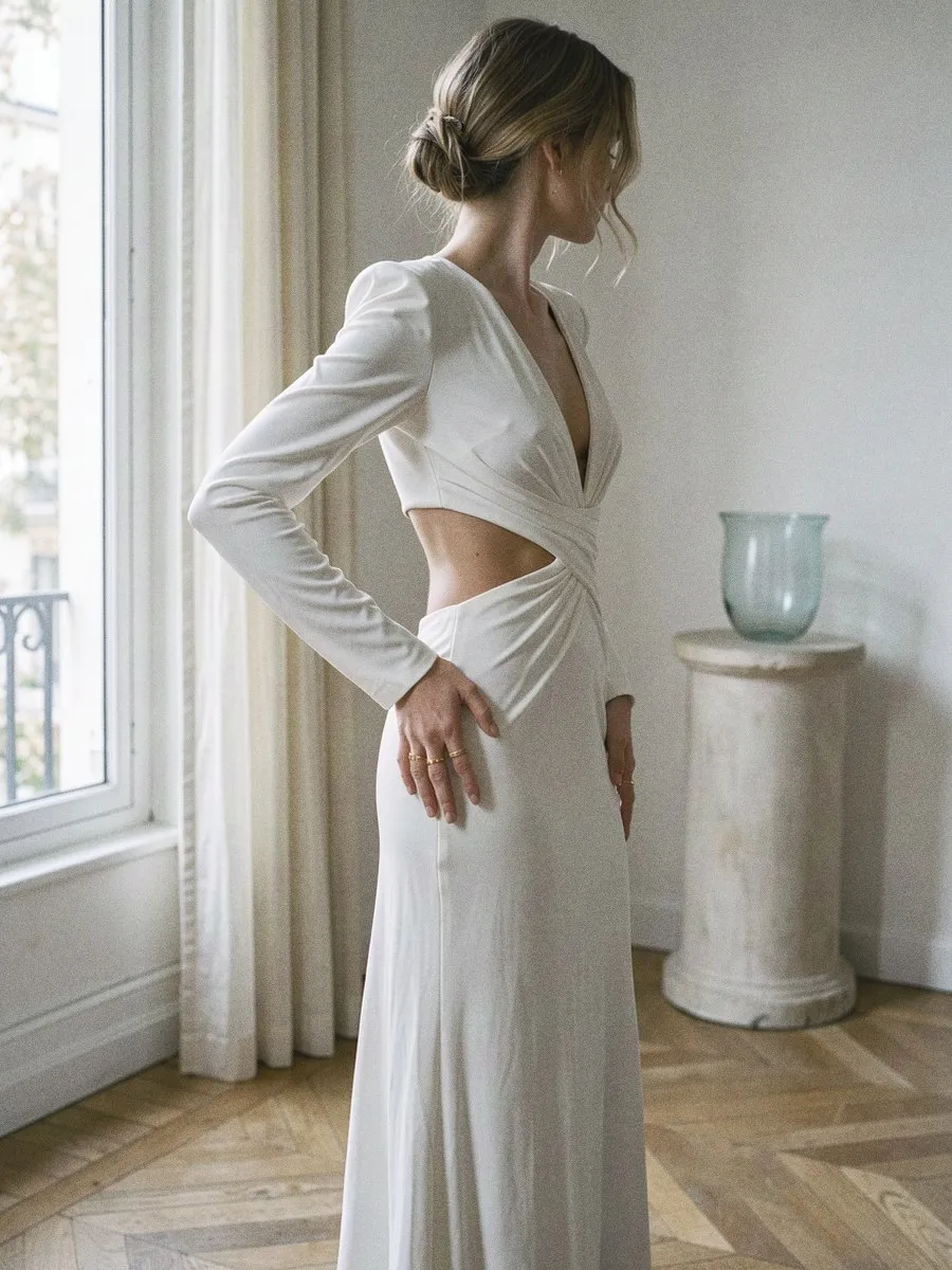 Illustration, mannequin fictif, robe échancrée : le détail de la matière