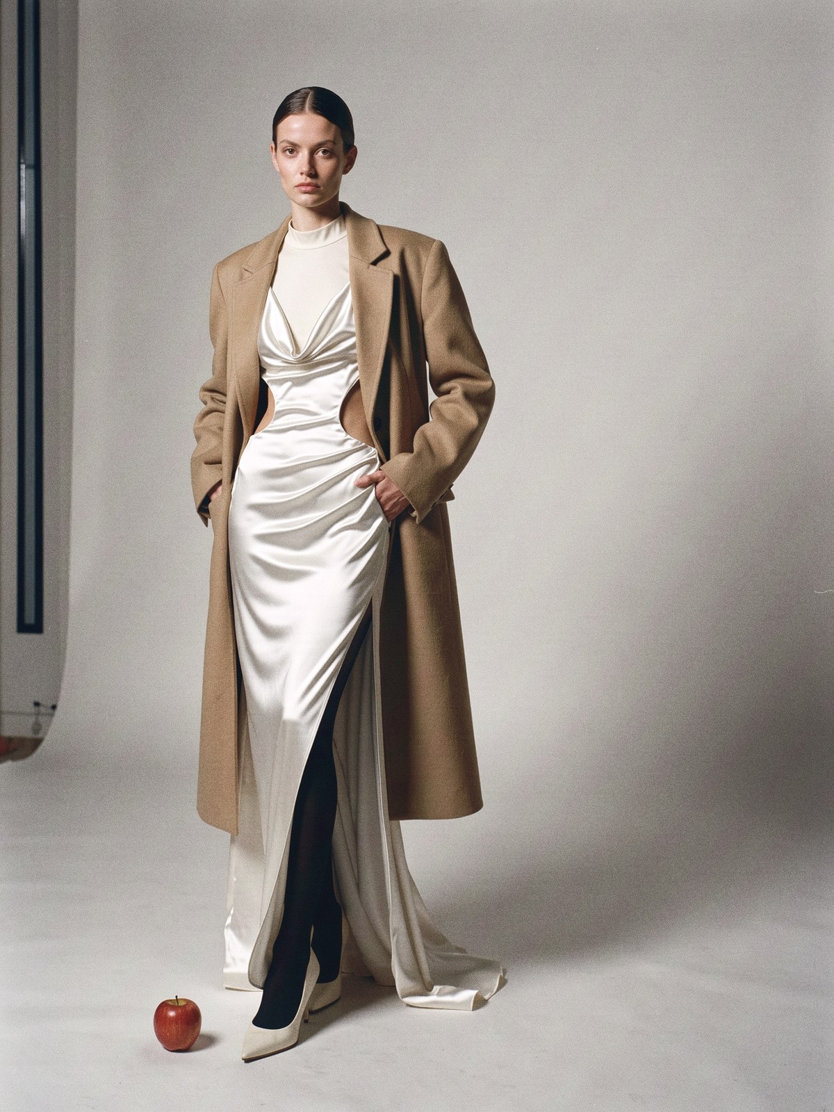 Mannequin fictif en robe de satin blanc à découpes, body ivoire, collants opaques noirs et manteau long camel