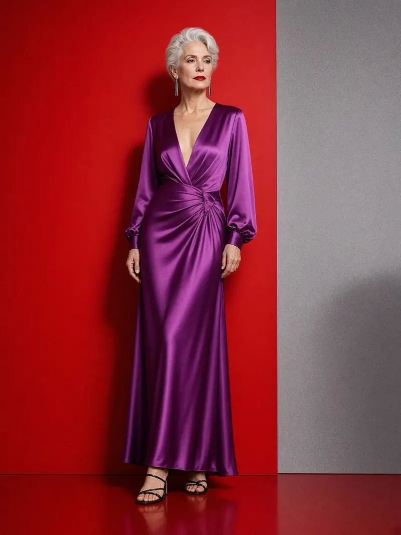 Illustration, mannequin fictif : Une femme en robe longue de satin rose-violet au décolleté en V et au drapé à la taille, avec des sandales noires à talons.