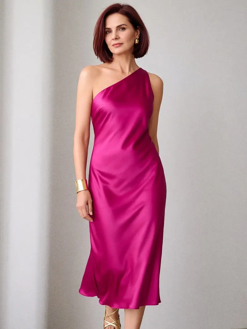 Illustration, mannequin fictif : Une femme à la peau mate en robe midi asymétrique de satin fuchsia, avec un bracelet manchette et des créoles dorés.
