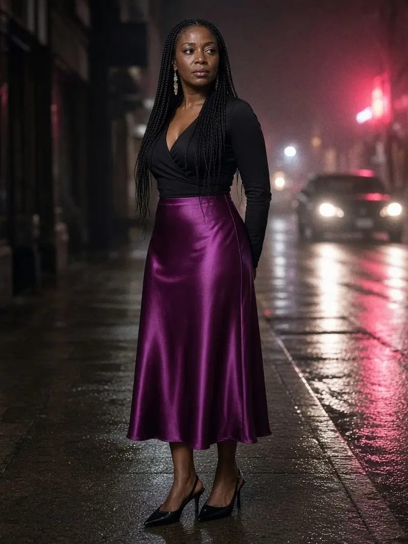 Illustration, mannequin fictif : Une femme en jupe midi de satin rose-violet et haut cache-cœur noir à manches longues, avec de longues boucles d'oreilles et des escarpins noirs.