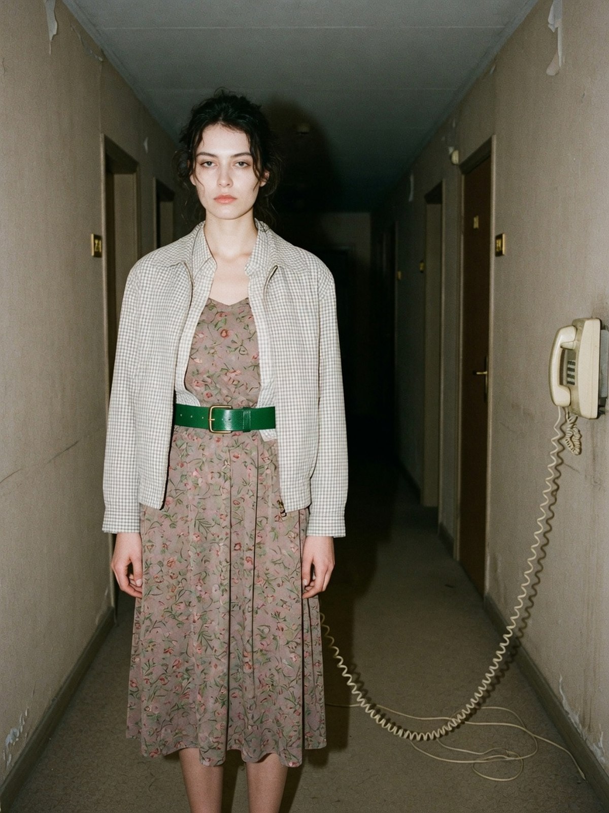 Mannequin en chemise à carreaux portée ouverte sur une robe fleurie, ceinturée à la taille par une ceinture verte.