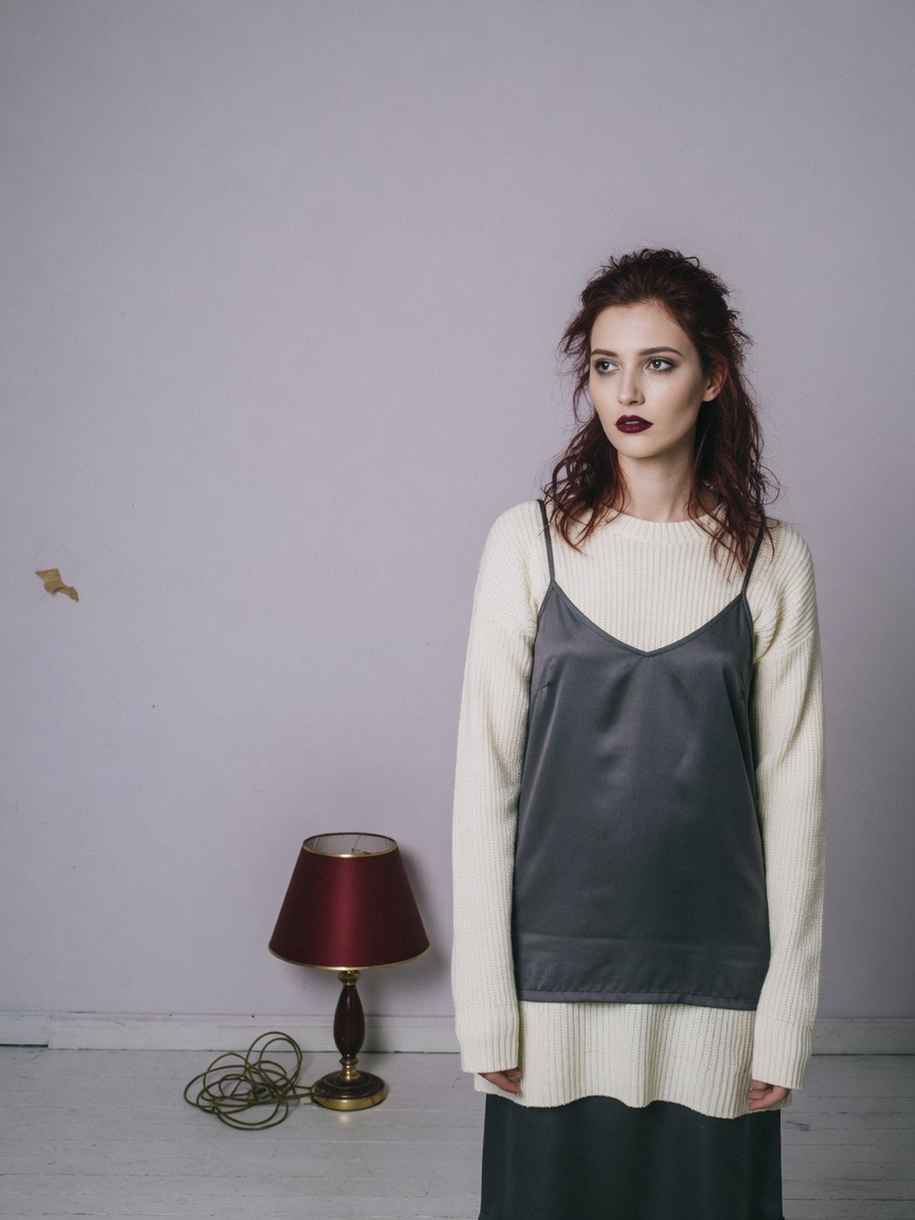 Silhouette en layering composée d'un pull en maille porté sous une robe fine, poignets et ourlet du pull visibles, lumière de studio contrastée.