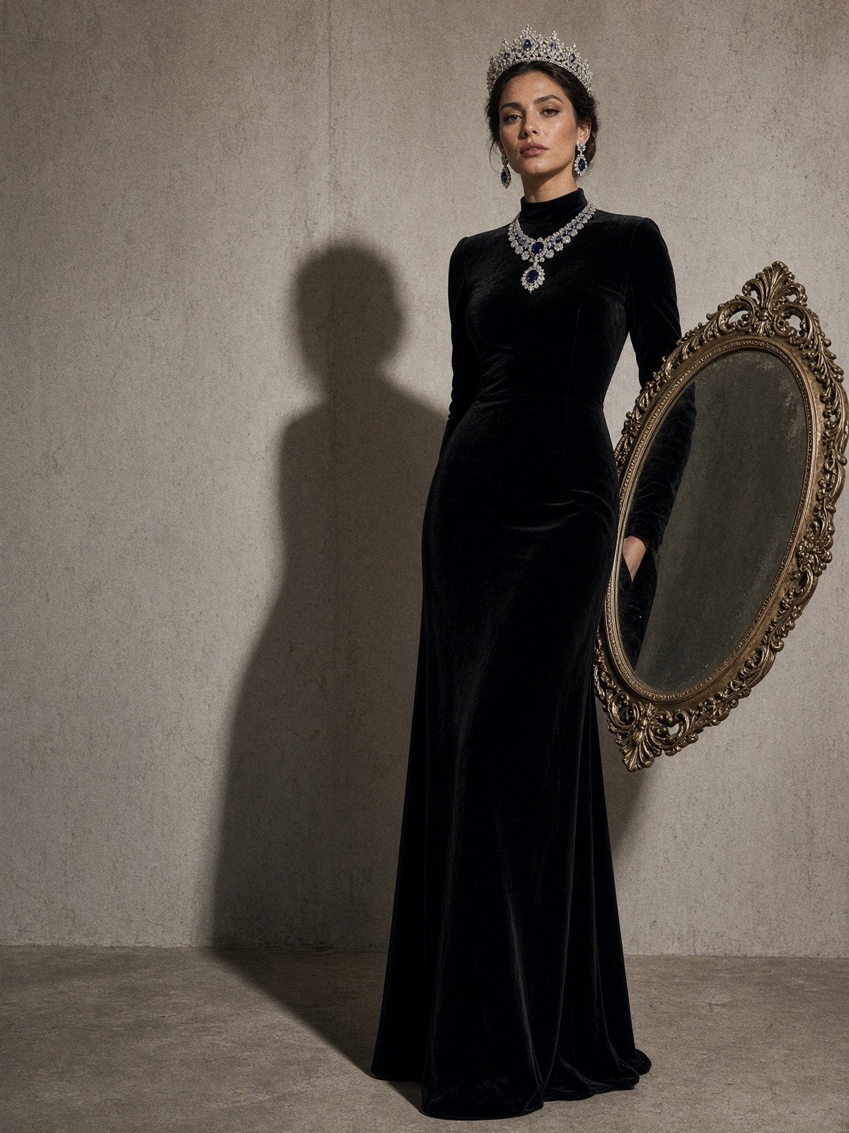 Mannequin portant une robe fourreau en velours noir à manches longues avec des bijoux dorés sobres, dans un décor de studio épuré.