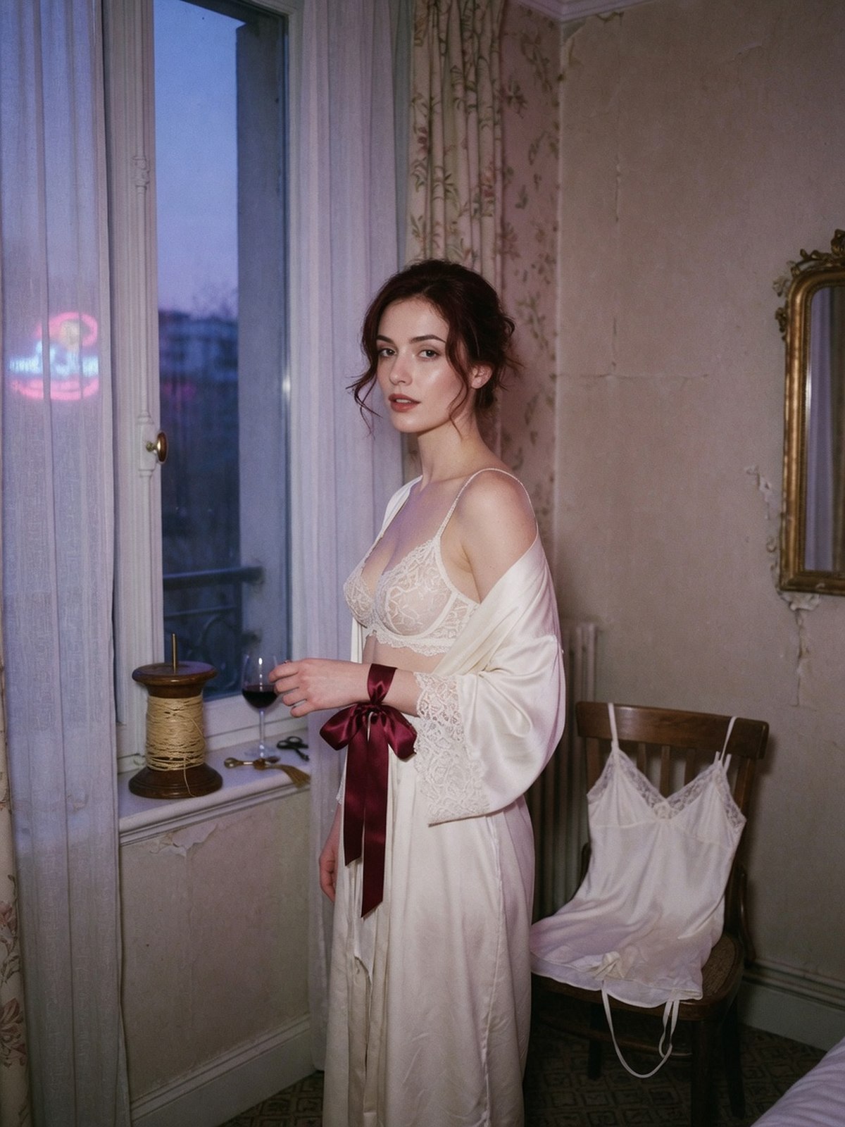 Mannequin en robe de soie entrouverte laissant apparaître un soutien-gorge en dentelle fine, dans une chambre en lumière de fin de journée