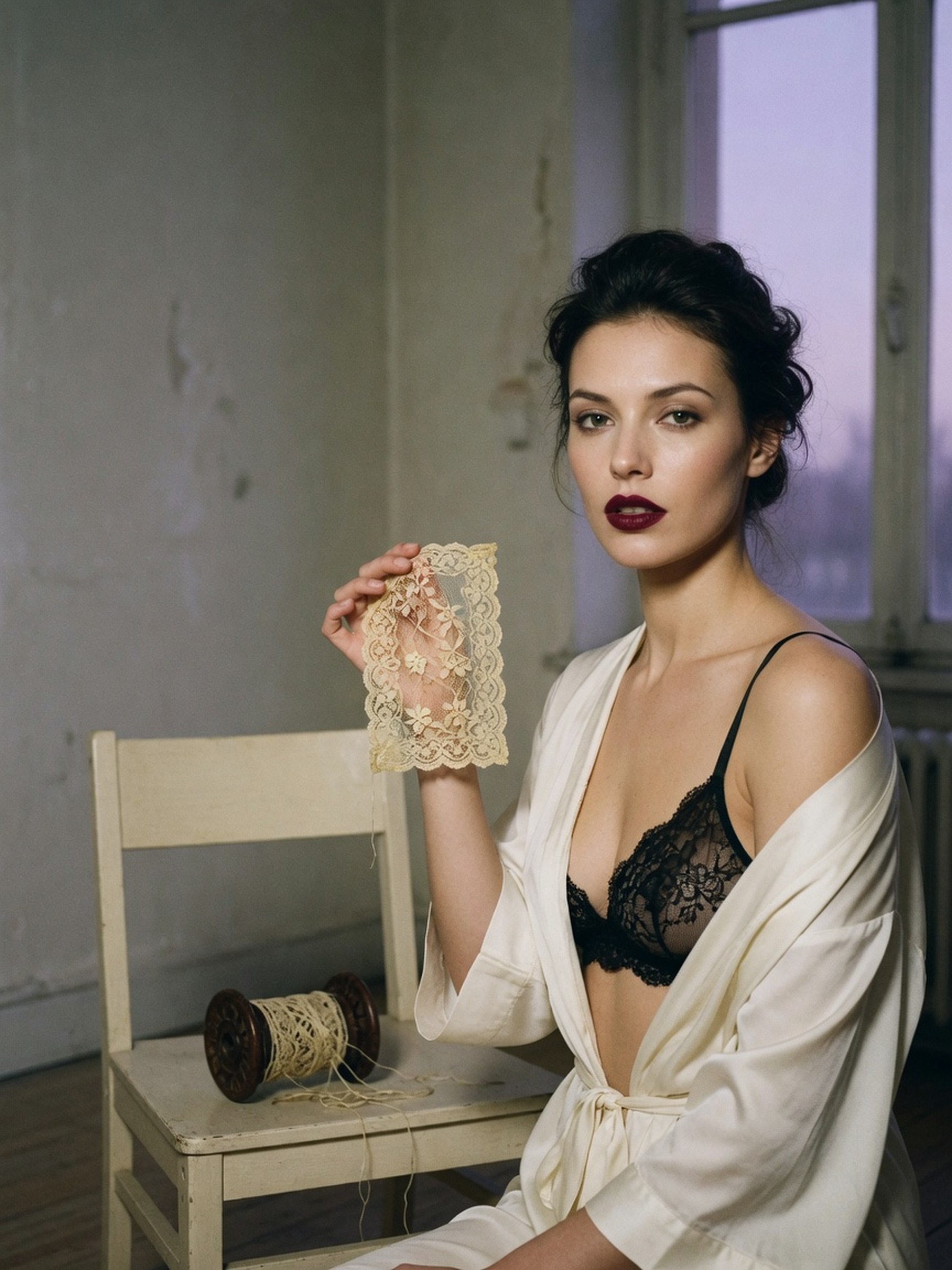 Mannequin en studio nu tenant un échantillon de dentelle fine près d'un soutien-gorge en dentelle posé sur une chaise