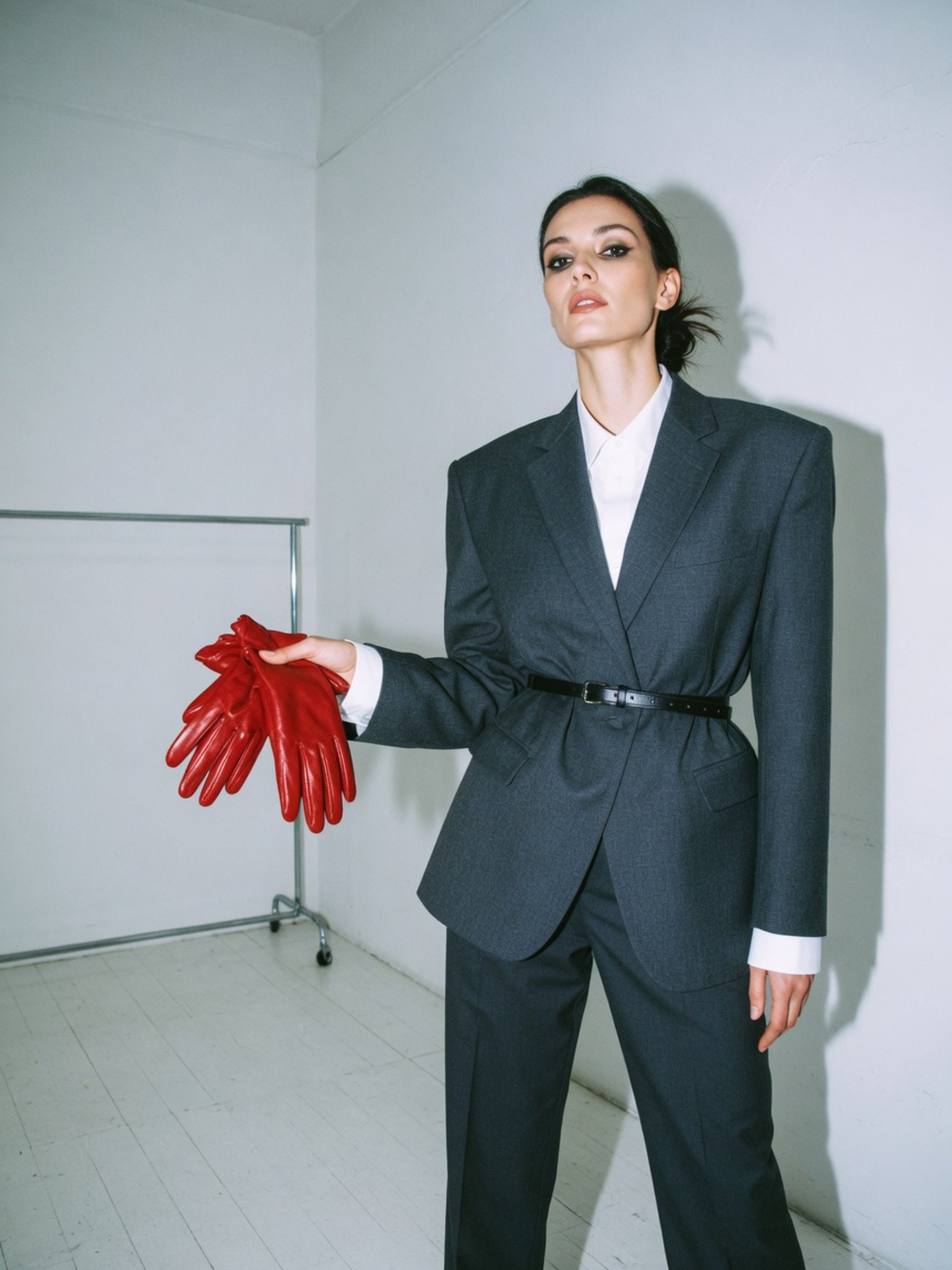 Silhouette androgyne construite autour d'un blazer oversize masculin porté sur une jupe crayon ajustée
