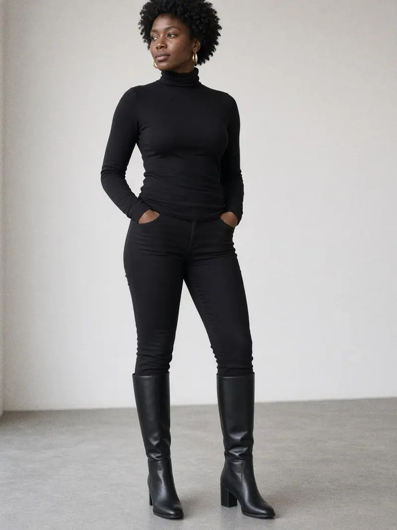 Illustration, mannequin fictif : Détail d'une jambe en jean slim noir glissé dans une botte haute en cuir noir mat, tige ajustée au mollet et pli souple à la cheville.