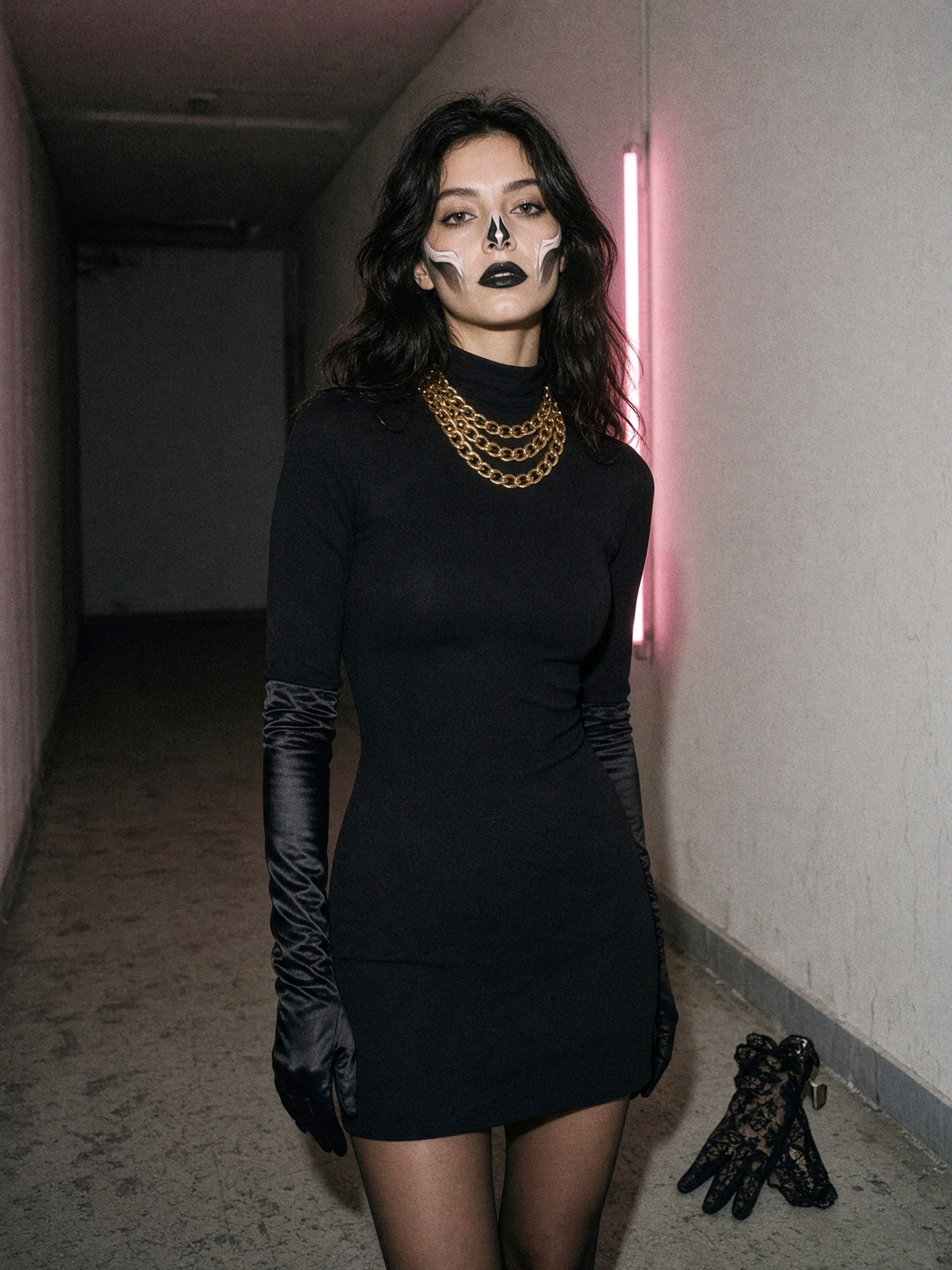 Mannequin en robe noire ajustée, gants longs noirs et collier doré, maquillage graphique noir et blanc, dans un couloir d'hôtel au néon rose